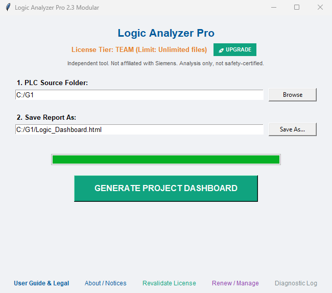 Logic Analyzer Pro Desktop Application Interface showing activated site license
